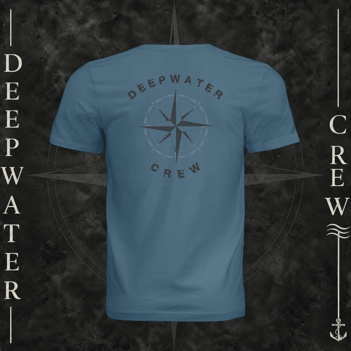 Steel Blue Deepwater Crew Co. Deepwater Nomad crewneck T-shirt, back view with large distressed compass rose graphic and Deepwater Crew lettering.