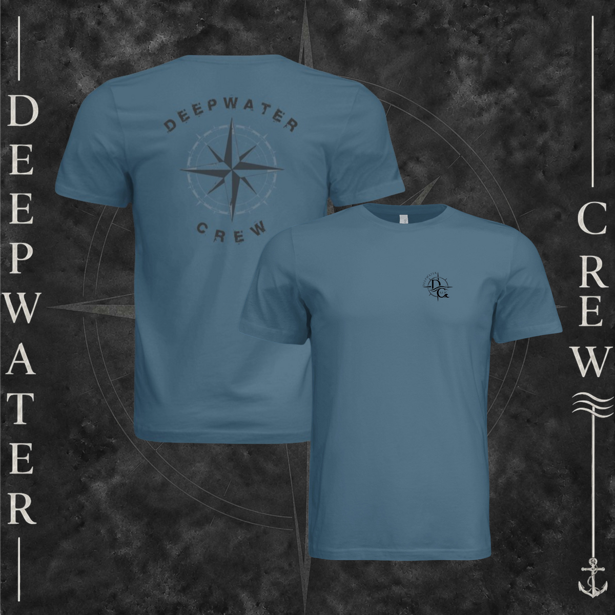 Steel Blue Deepwater Crew Co. Deepwater Nomad crewneck T-shirt showing front and back views, with small DC compass crest logo and large distressed compass rose graphic with Deepwater Crew lettering.