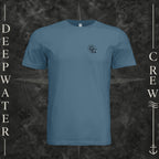 Steel Blue Deepwater Crew Co. Deepwater Nomad crewneck T-shirt, front view with small DC compass crest chest logo.