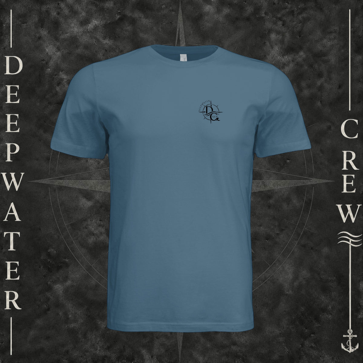 Steel Blue Deepwater Crew Co. Deepwater Nomad crewneck T-shirt, front view with small DC compass crest chest logo.