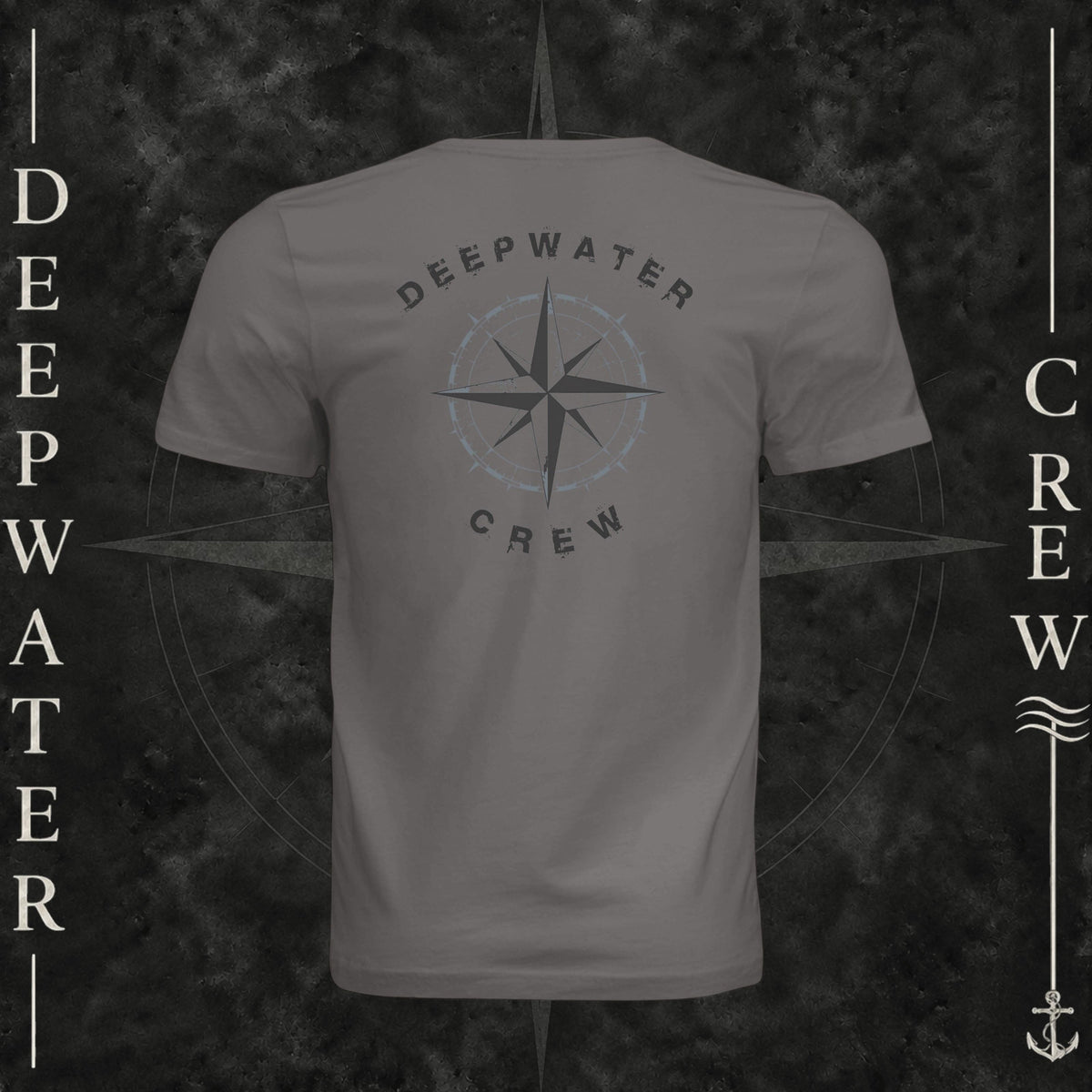 Storm Deepwater Crew Co. Deepwater Nomad crewneck T-shirt, back view with large distressed compass rose graphic and Deepwater Crew lettering.