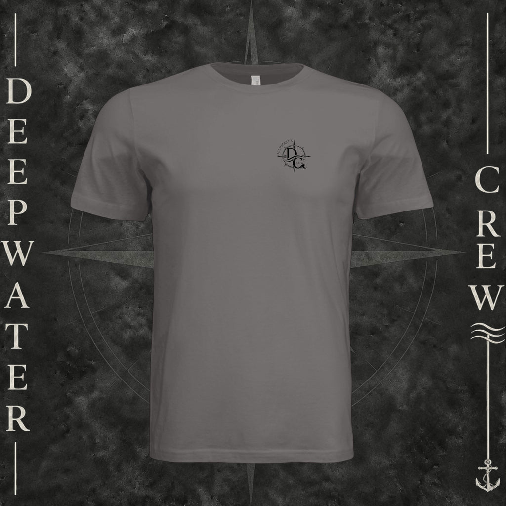 Storm Deepwater Crew Co. Deepwater Nomad crewneck T-shirt, front view with small DC compass crest chest logo.