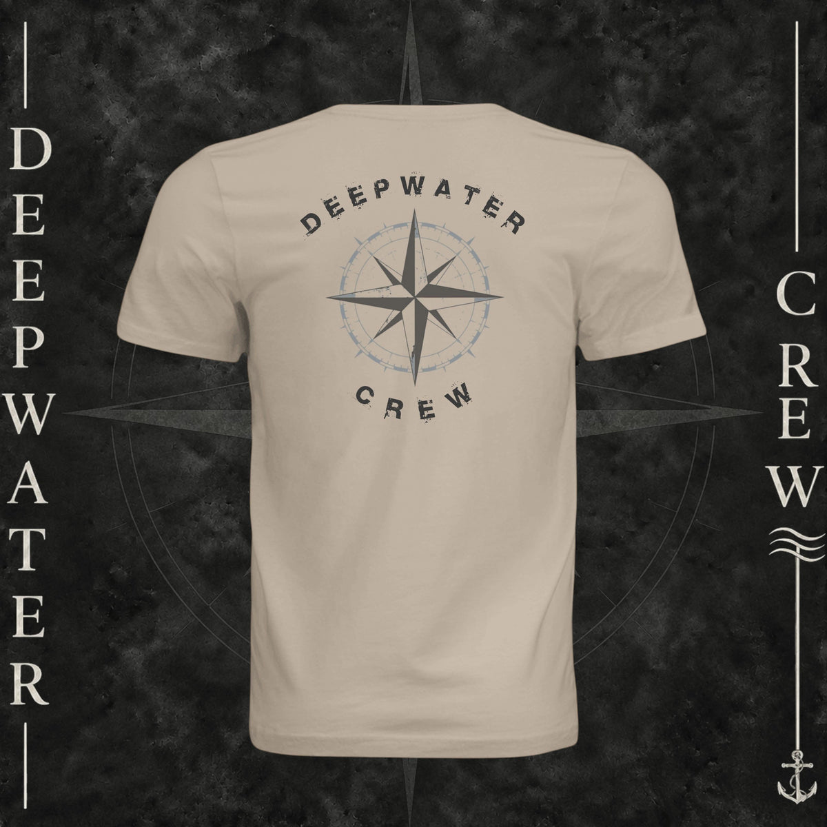 Tan Deepwater Crew Co. Deepwater Nomad crewneck T-shirt, back view with large distressed compass rose graphic and Deepwater Crew lettering.