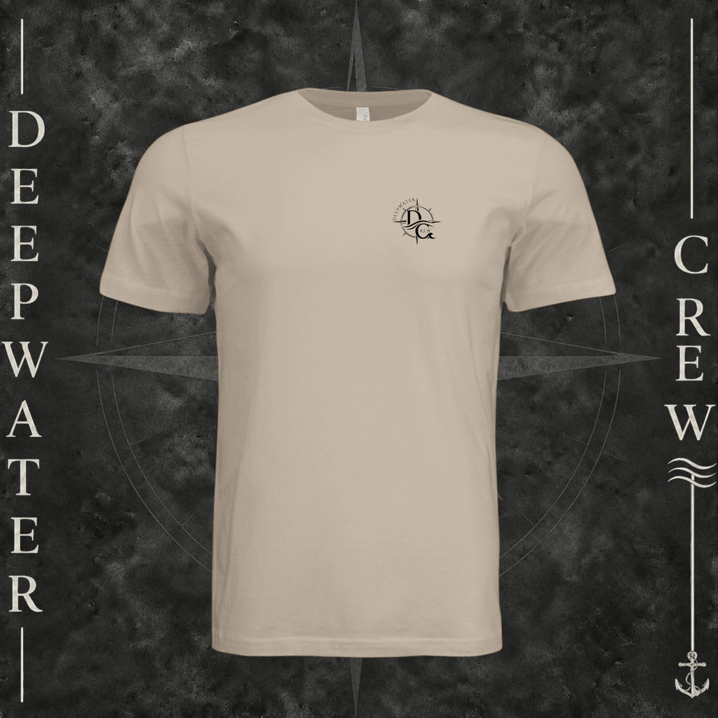 Tan Deepwater Crew Co. Deepwater Nomad crewneck T-shirt, front view with small DC compass crest chest logo.