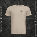 Tan Deepwater Crew Co. Deepwater Nomad crewneck T-shirt, front view with small DC compass crest chest logo.