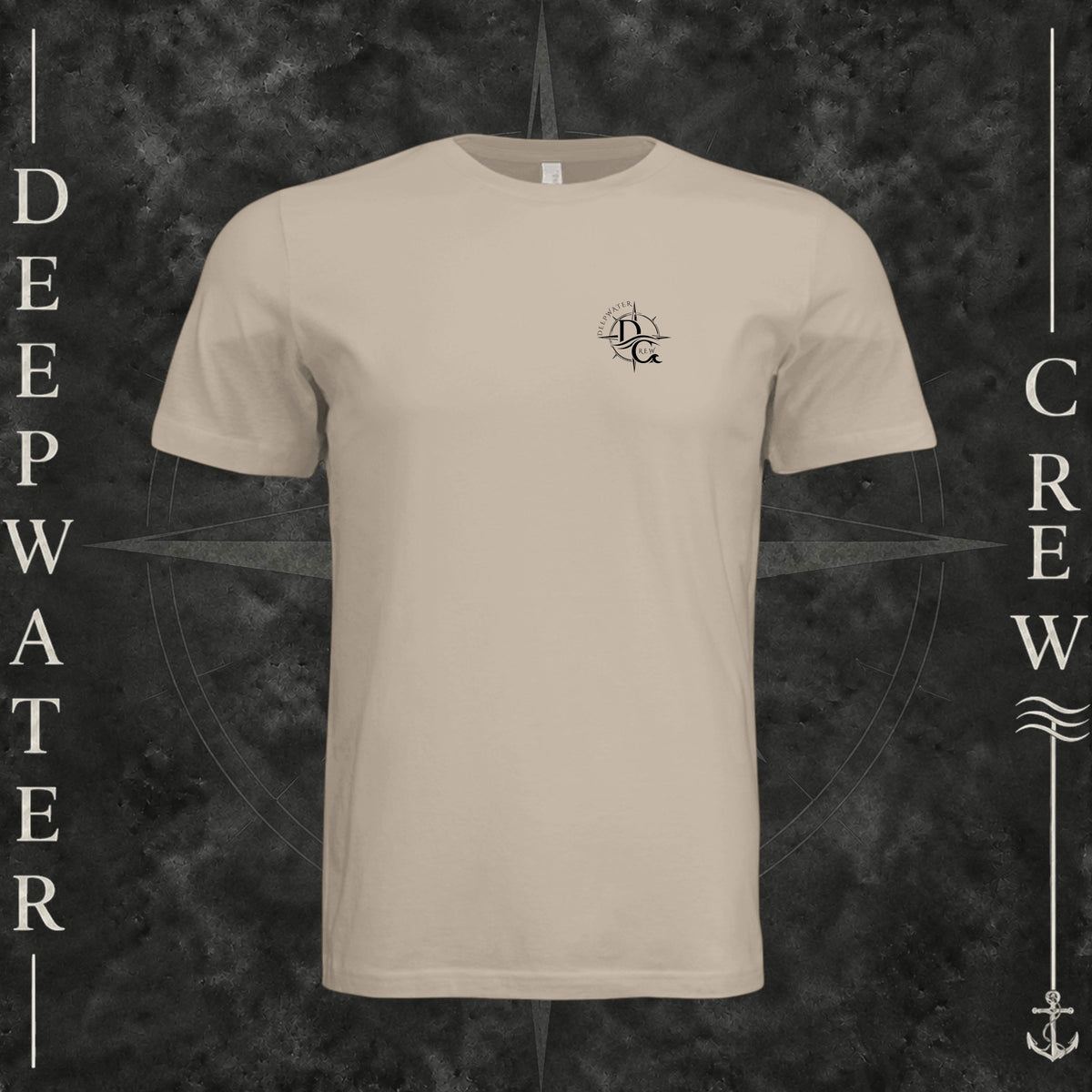 Tan Deepwater Crew Co. Deepwater Nomad crewneck T-shirt, front view with small DC compass crest chest logo.