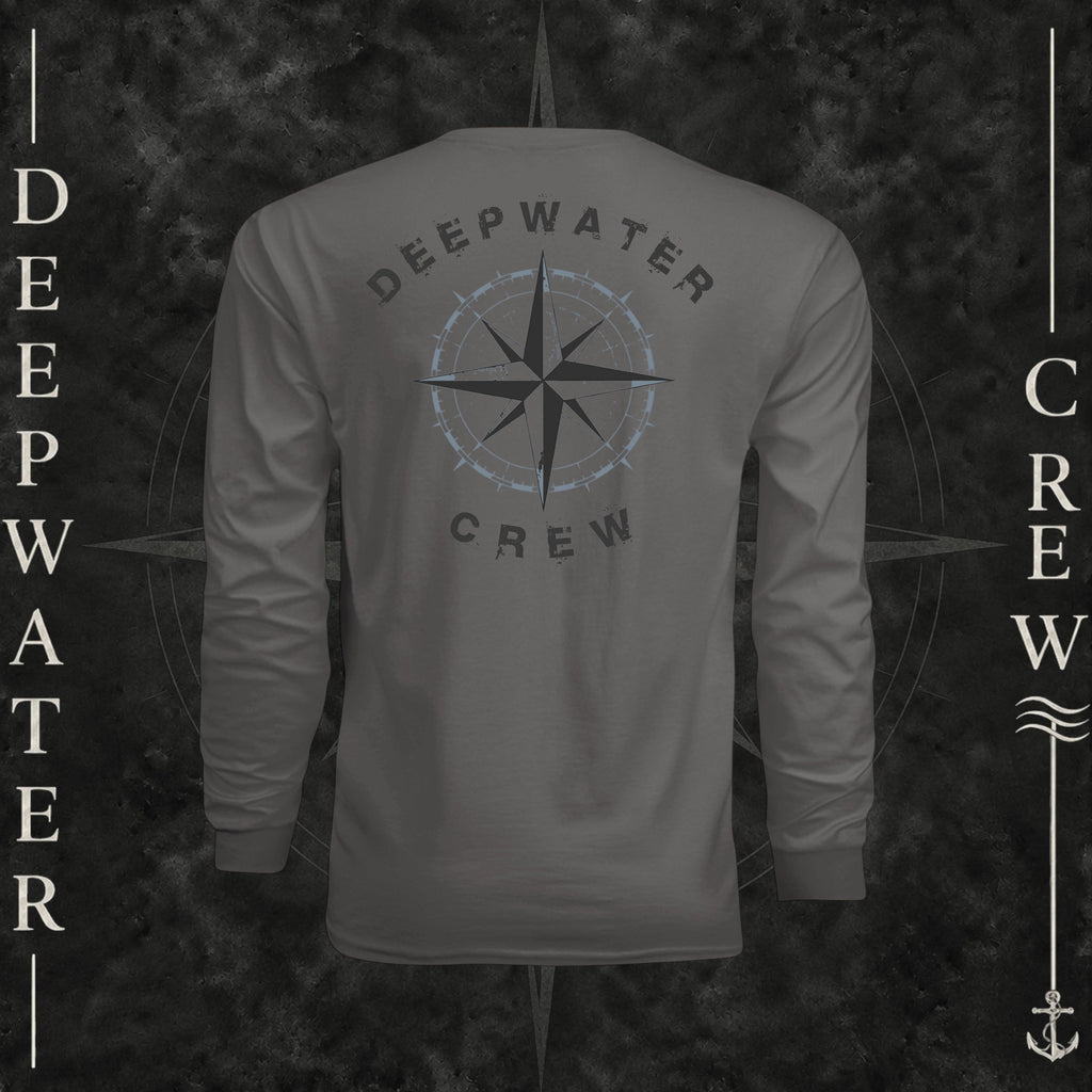 Graphite Deepwater Crew Co. Deepwater Nomad UPF 44+ long-sleeve performance shirt, back view with large distressed compass rose graphic and Deepwater Crew lettering.