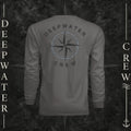 Graphite Deepwater Crew Co. Deepwater Nomad UPF 44+ long-sleeve performance shirt, back view with large distressed compass rose graphic and Deepwater Crew lettering.