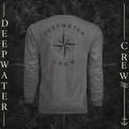 Graphite Deepwater Crew Co. Deepwater Nomad UPF 44+ long-sleeve performance shirt, back view with large distressed compass rose graphic and Deepwater Crew lettering.