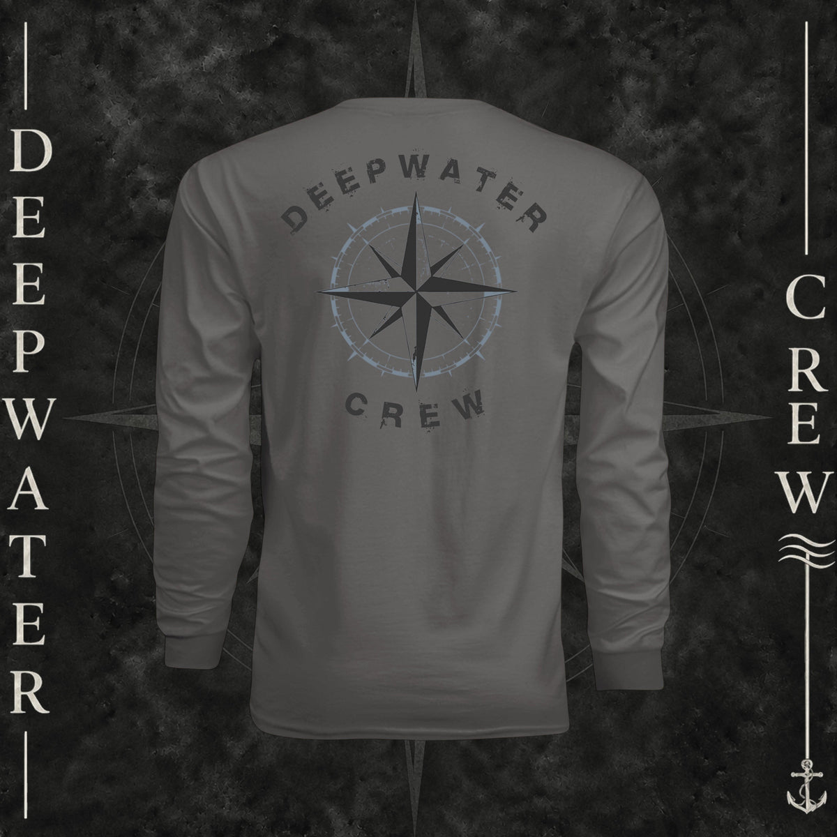 Graphite Deepwater Crew Co. Deepwater Nomad UPF 44+ long-sleeve performance shirt, back view with large distressed compass rose graphic and Deepwater Crew lettering.