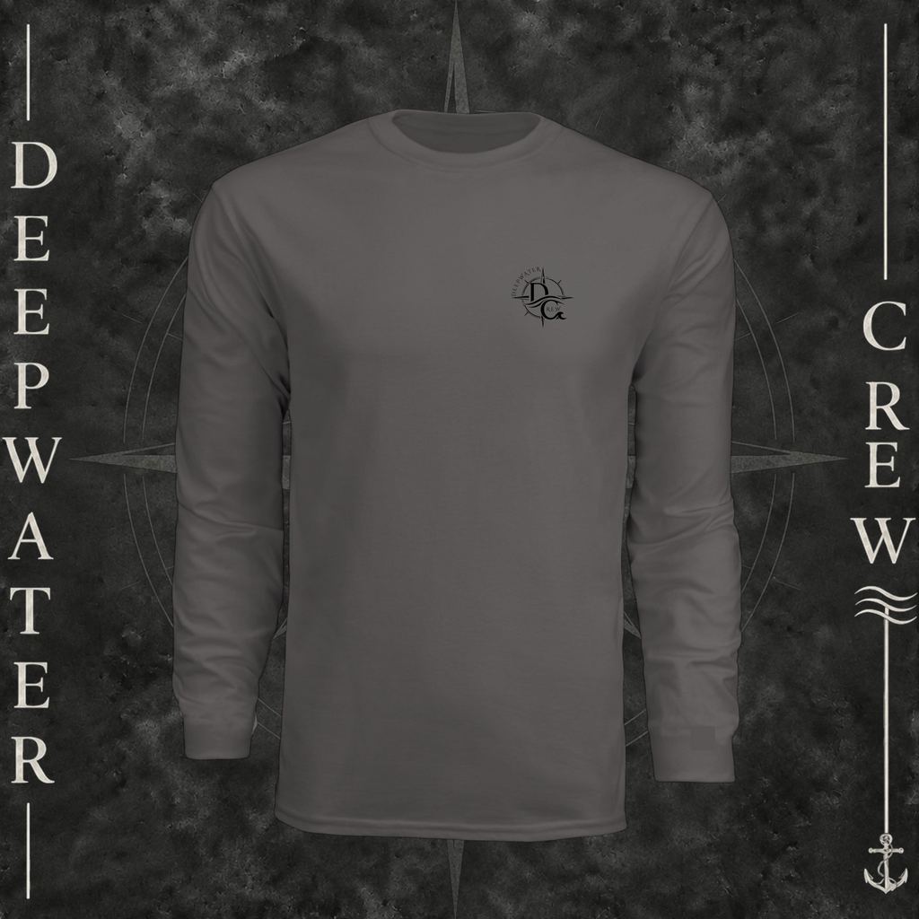 Graphite Deepwater Crew Co. Deepwater Nomad UPF 44+ long-sleeve performance shirt, front view with small DC compass crest chest logo.