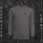Graphite Deepwater Crew Co. Deepwater Nomad UPF 44+ long-sleeve performance shirt, front view with small DC compass crest chest logo.