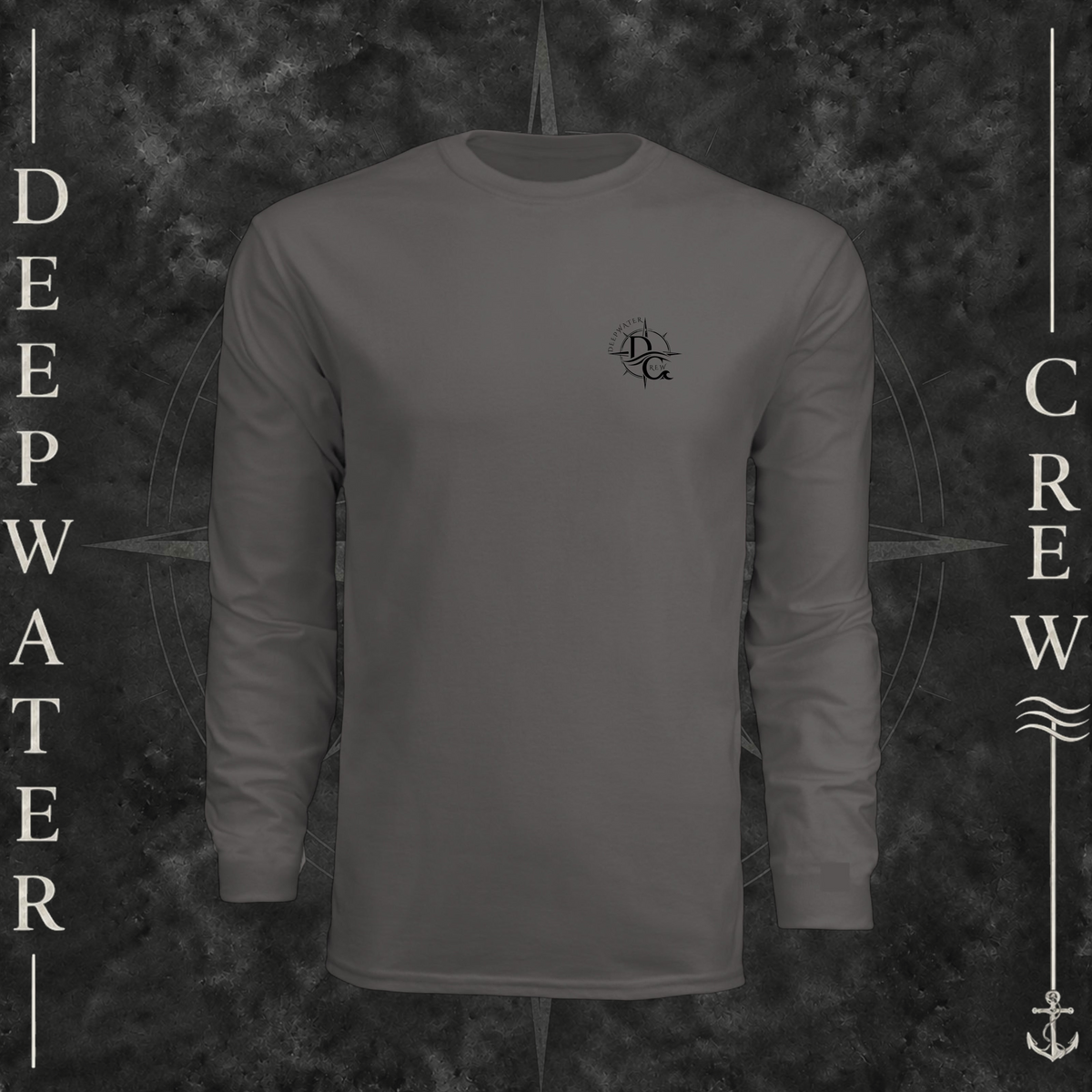 Graphite Deepwater Crew Co. Deepwater Nomad UPF 44+ long-sleeve performance shirt, front view with small DC compass crest chest logo.