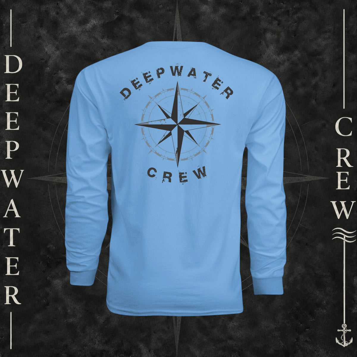 Light Blue Deepwater Crew Co. Deepwater Nomad UPF 44+ long-sleeve performance shirt, back view with large distressed compass rose graphic and Deepwater Crew lettering.