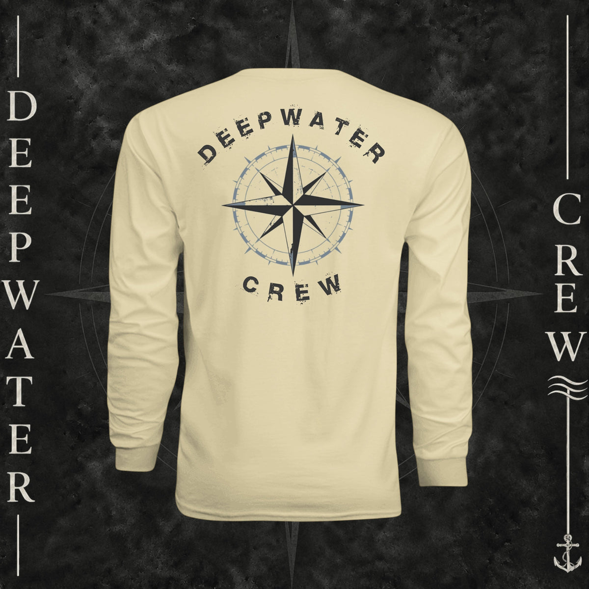 Light Yellow Deepwater Crew Co. Deepwater Nomad UPF 44+ long-sleeve performance shirt, back view with large distressed compass rose graphic and Deepwater Crew lettering.