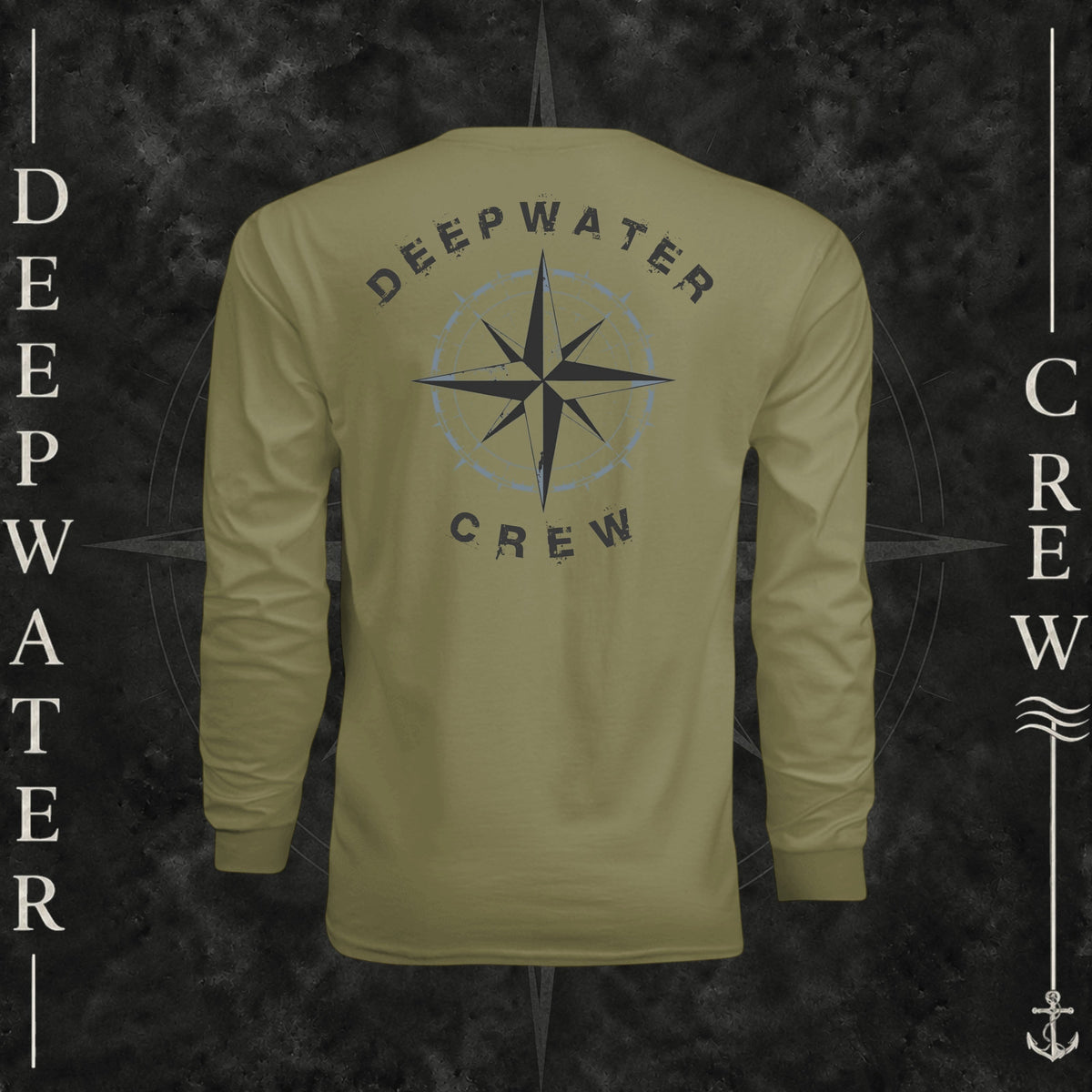 Olive Deepwater Crew Co. Deepwater Nomad UPF 44+ long-sleeve performance shirt, back view with large distressed compass rose graphic and Deepwater Crew lettering.