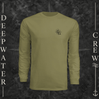 Olive Deepwater Crew Co. Deepwater Nomad UPF 44+ long-sleeve performance shirt, front view with small DC compass crest chest logo.