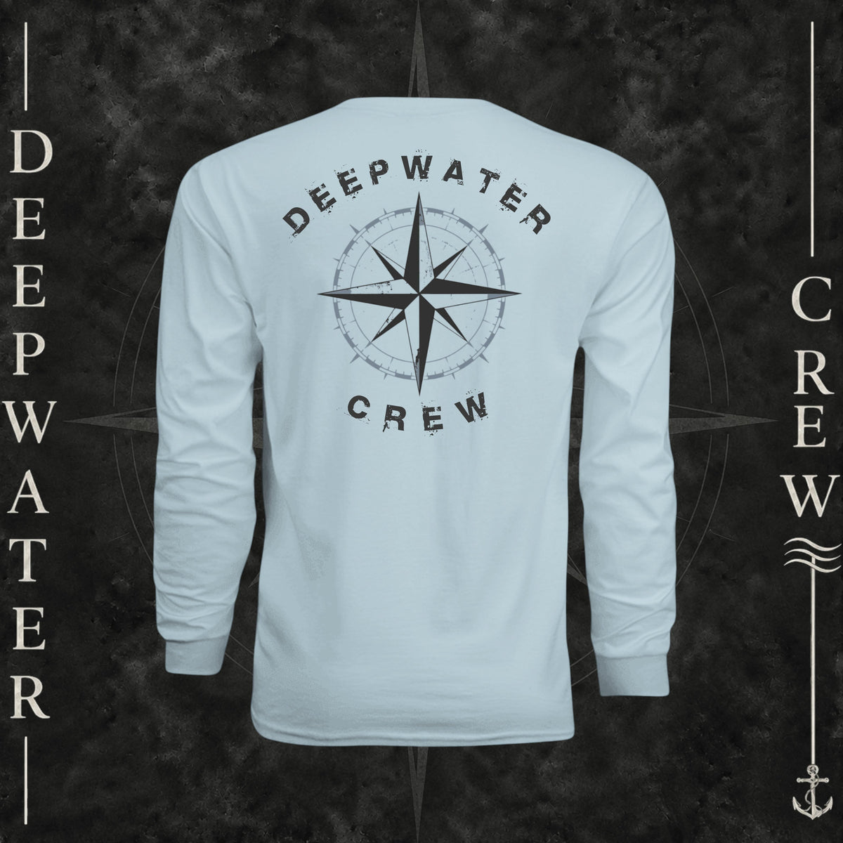 Pastel Blue Deepwater Crew Co. Deepwater Nomad UPF 44+ long-sleeve performance shirt, back view with large distressed compass rose graphic and Deepwater Crew lettering.