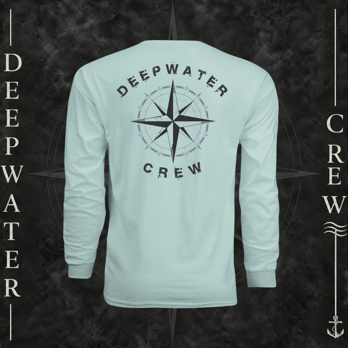 Pastel Mint Deepwater Crew Co. Deepwater Nomad UPF 44+ long-sleeve performance shirt, back view with large distressed compass rose graphic and Deepwater Crew lettering.
