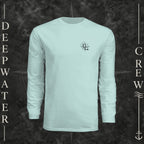 Pastel Mint Deepwater Crew Co. Deepwater Nomad UPF 44+ long-sleeve performance shirt, front view with small DC compass crest chest logo.