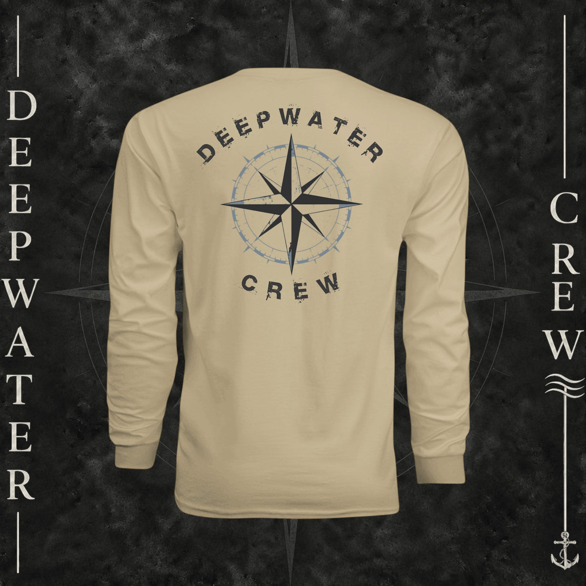 Sand Deepwater Crew Co. Deepwater Nomad UPF 44+ long-sleeve performance shirt, back view with large distressed compass rose graphic and Deepwater Crew lettering.