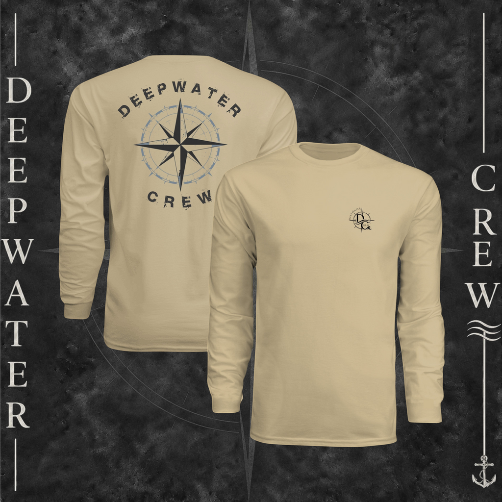Sand Deepwater Crew Co. Deepwater Nomad UPF 44+ long-sleeve performance shirt showing front and back views, with small DC compass chest logo and large distressed compass rose graphic with Deepwater Crew lettering.