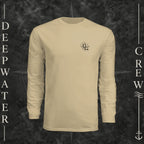 Sand Deepwater Crew Co. Deepwater Nomad UPF 44+ long-sleeve performance shirt, front view with small DC compass crest chest logo.