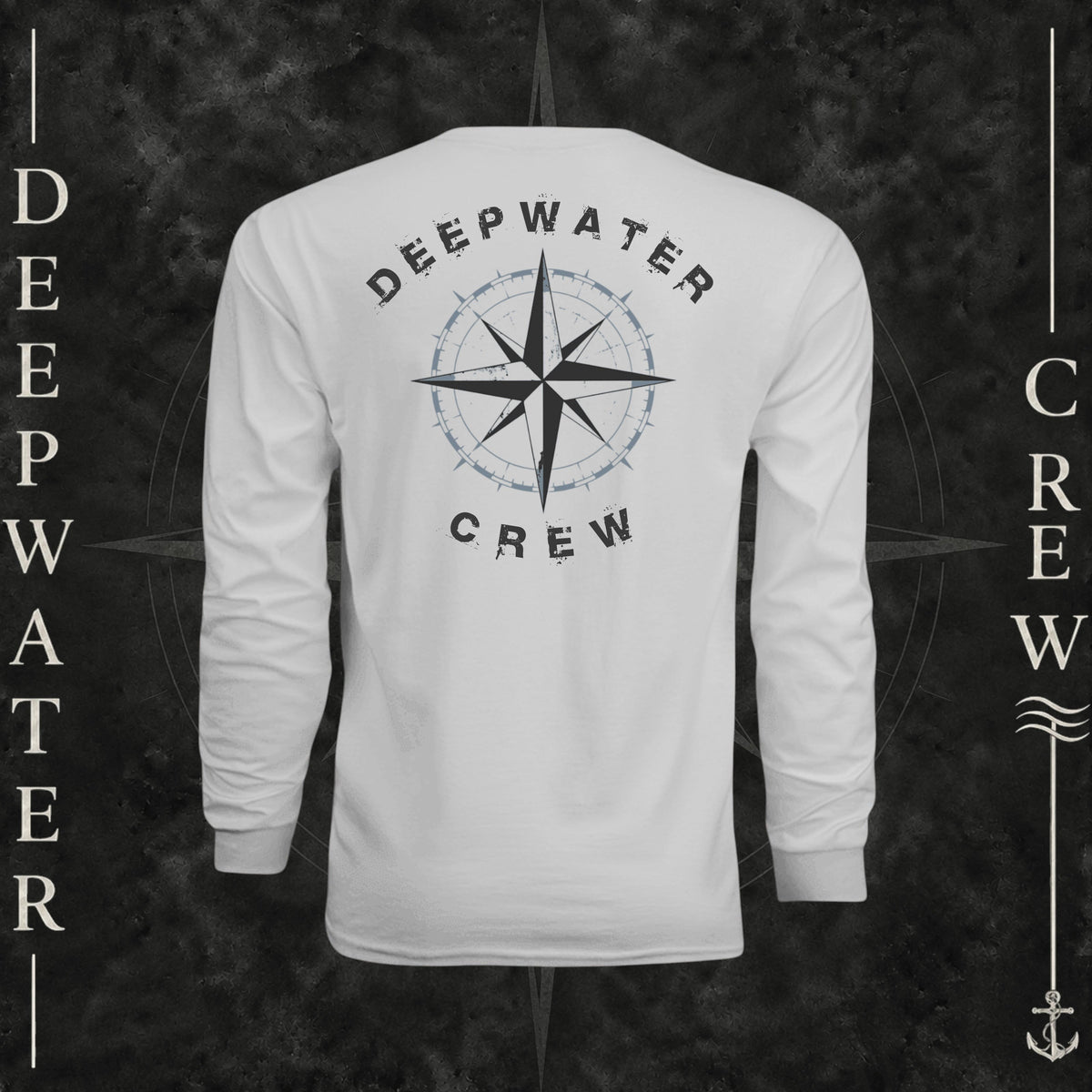 Silver Deepwater Crew Co. Deepwater Nomad UPF 44+ long-sleeve performance shirt, back view with large distressed compass rose graphic and Deepwater Crew lettering.
