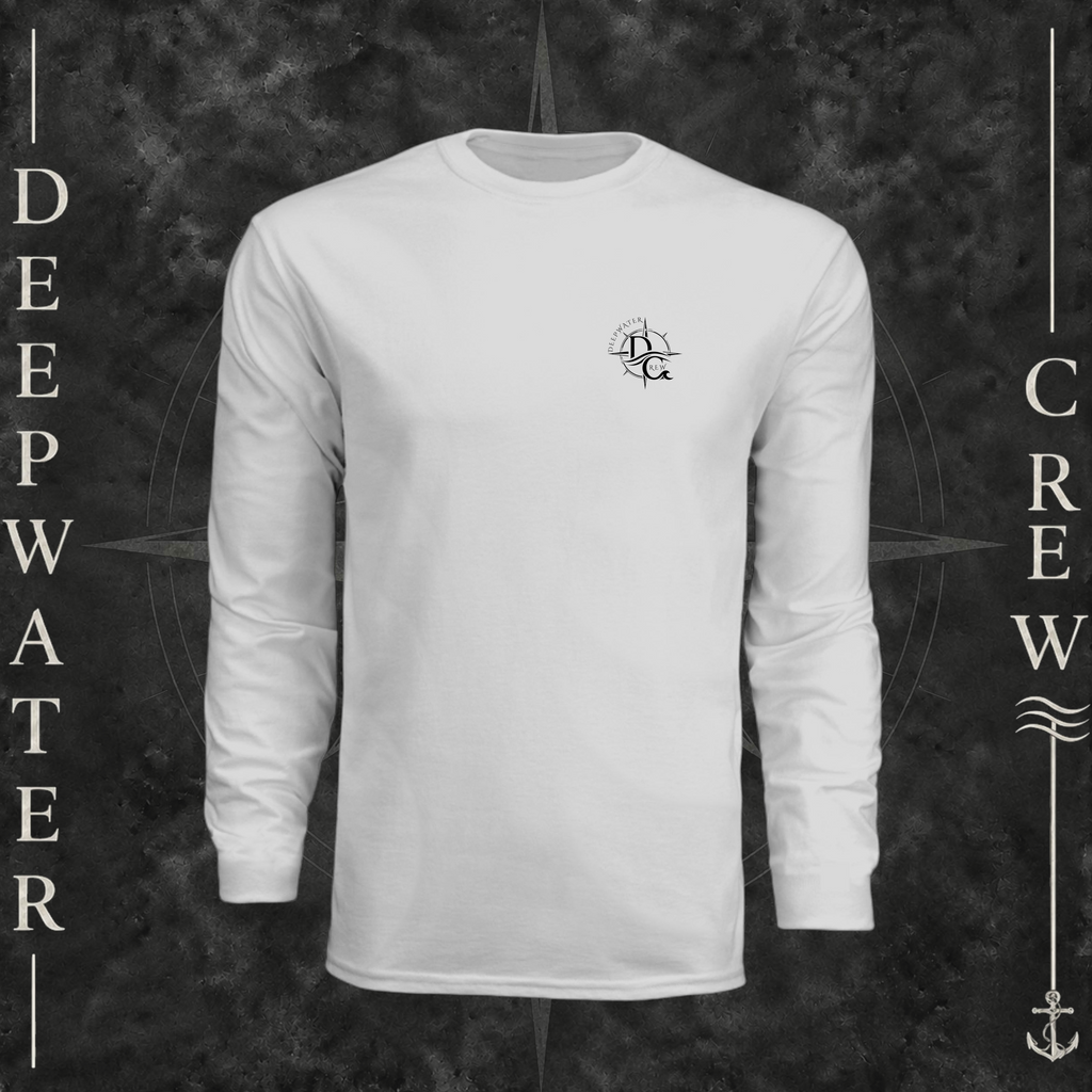Silver Deepwater Crew Co. Deepwater Nomad UPF 44+ long-sleeve performance shirt, front view with small DC compass crest chest logo.