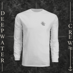 Silver Deepwater Crew Co. Deepwater Nomad UPF 44+ long-sleeve performance shirt, front view with small DC compass crest chest logo.