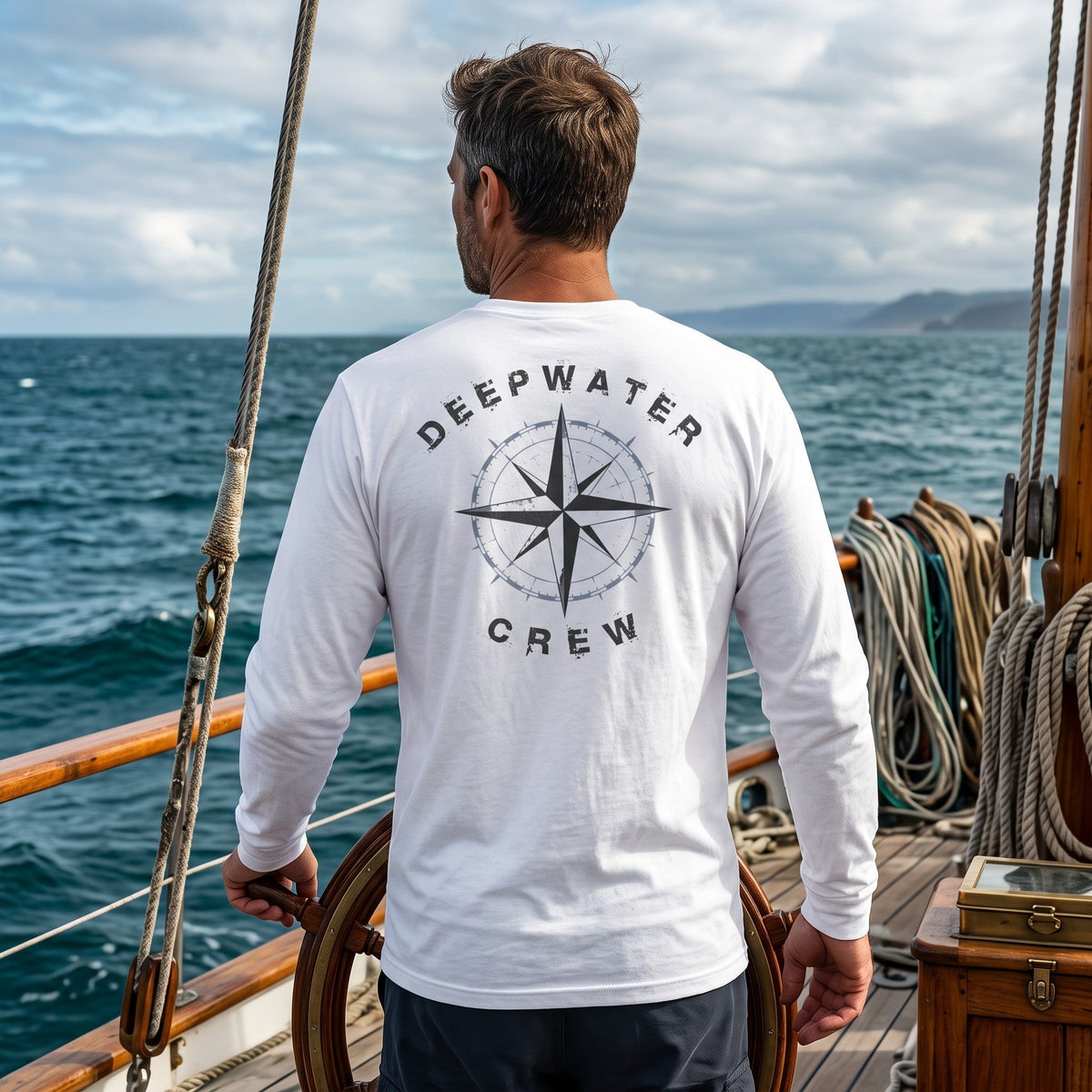 Man wearing a white Deepwater Crew Co. Deepwater Nomad UPF 44+ long-sleeve performance shirt, back view with distressed compass rose graphic while sailing on open water.