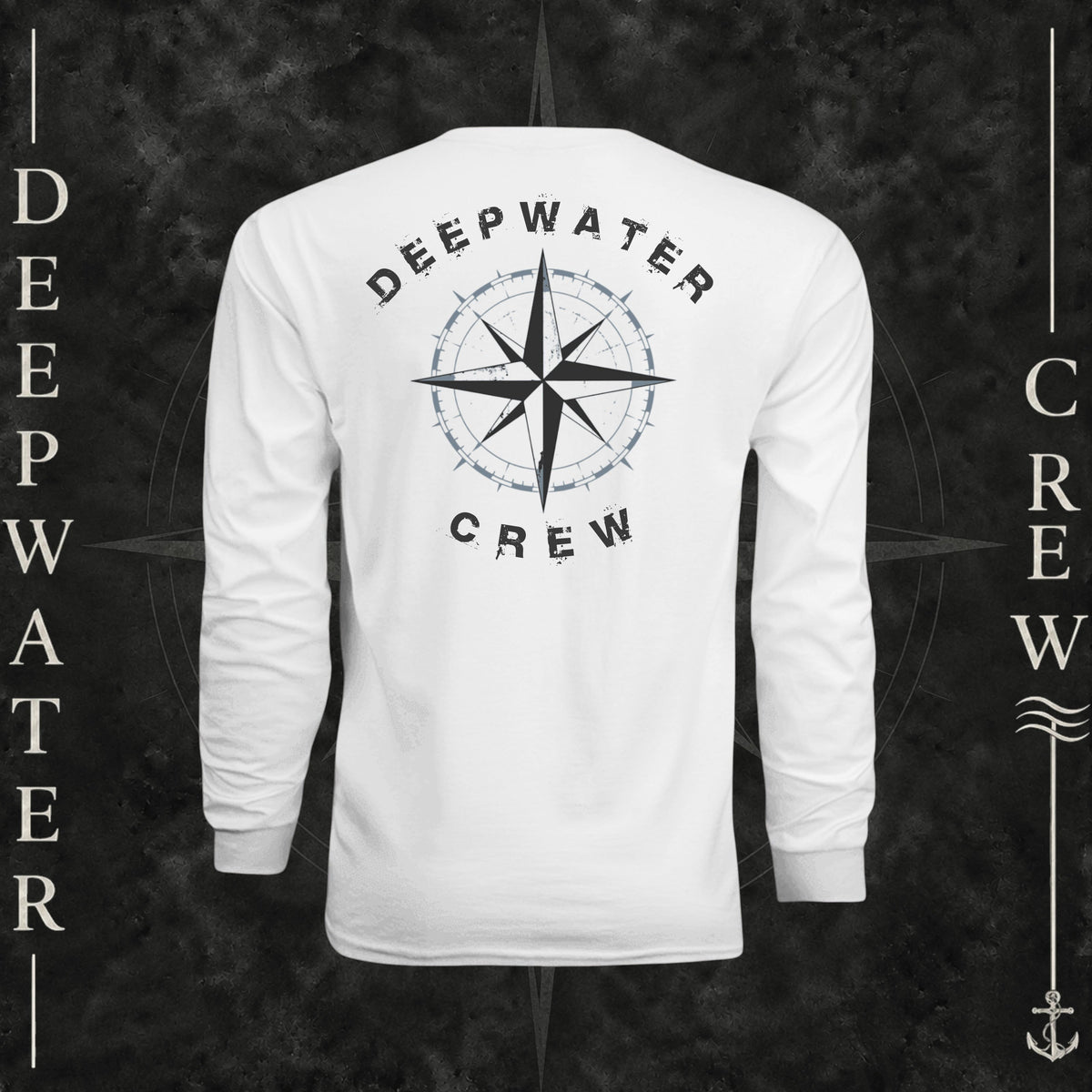 White Deepwater Crew Co. Deepwater Nomad UPF 44+ long-sleeve performance shirt, back view with large distressed compass rose graphic and Deepwater Crew lettering.