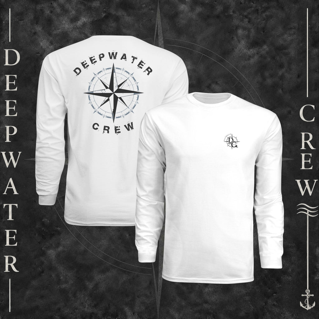 White Deepwater Crew Co. Deepwater Nomad UPF 44+ long-sleeve performance shirt showing front and back views, with small DC compass chest logo and large distressed compass rose graphic with Deepwater Crew lettering.
