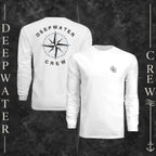 White Deepwater Crew Co. Deepwater Nomad UPF 44+ long-sleeve performance shirt showing front and back views, with small DC compass chest logo and large distressed compass rose graphic with Deepwater Crew lettering.