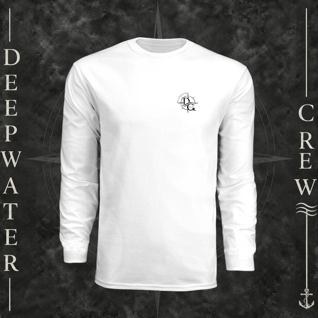 White Deepwater Crew Co. Deepwater Nomad UPF 44+ long-sleeve performance shirt, front view with small DC compass crest chest logo.