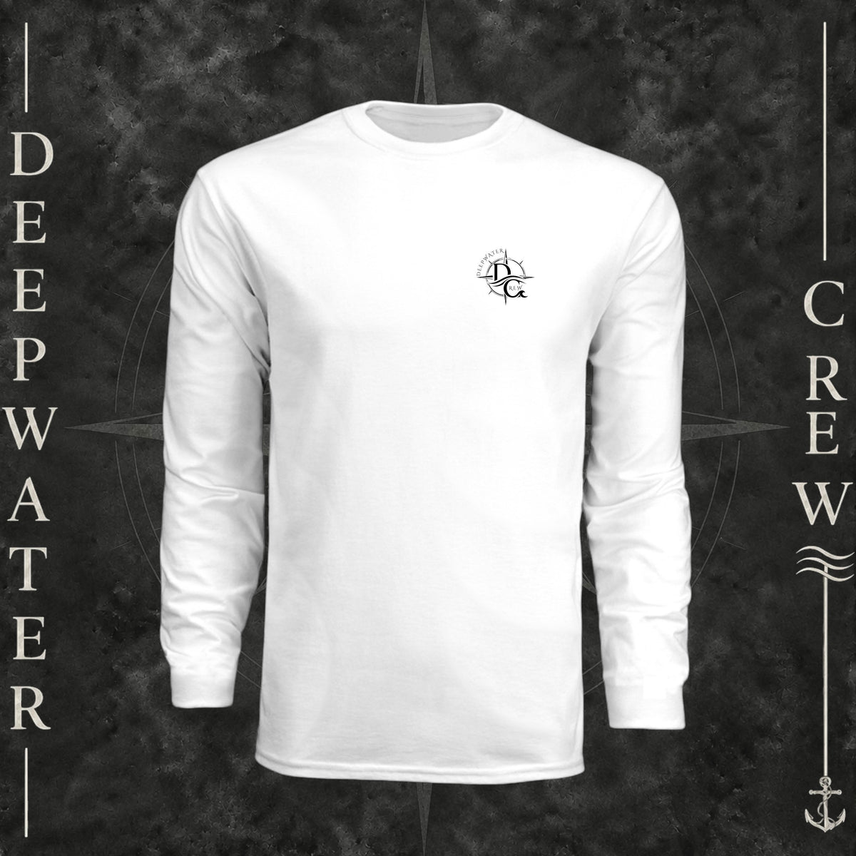 White Deepwater Crew Co. Deepwater Nomad UPF 44+ long-sleeve performance shirt, front view with small DC compass crest chest logo.