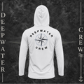 Aluminum Deepwater Crew Co. Deepwater Nomad UPF 50+ performance hoodie, back view with large distressed compass rose graphic and Deepwater Crew lettering.