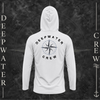 Aluminum Deepwater Crew Co. Deepwater Nomad UPF 50+ performance hoodie, back view with large distressed compass rose graphic and Deepwater Crew lettering.