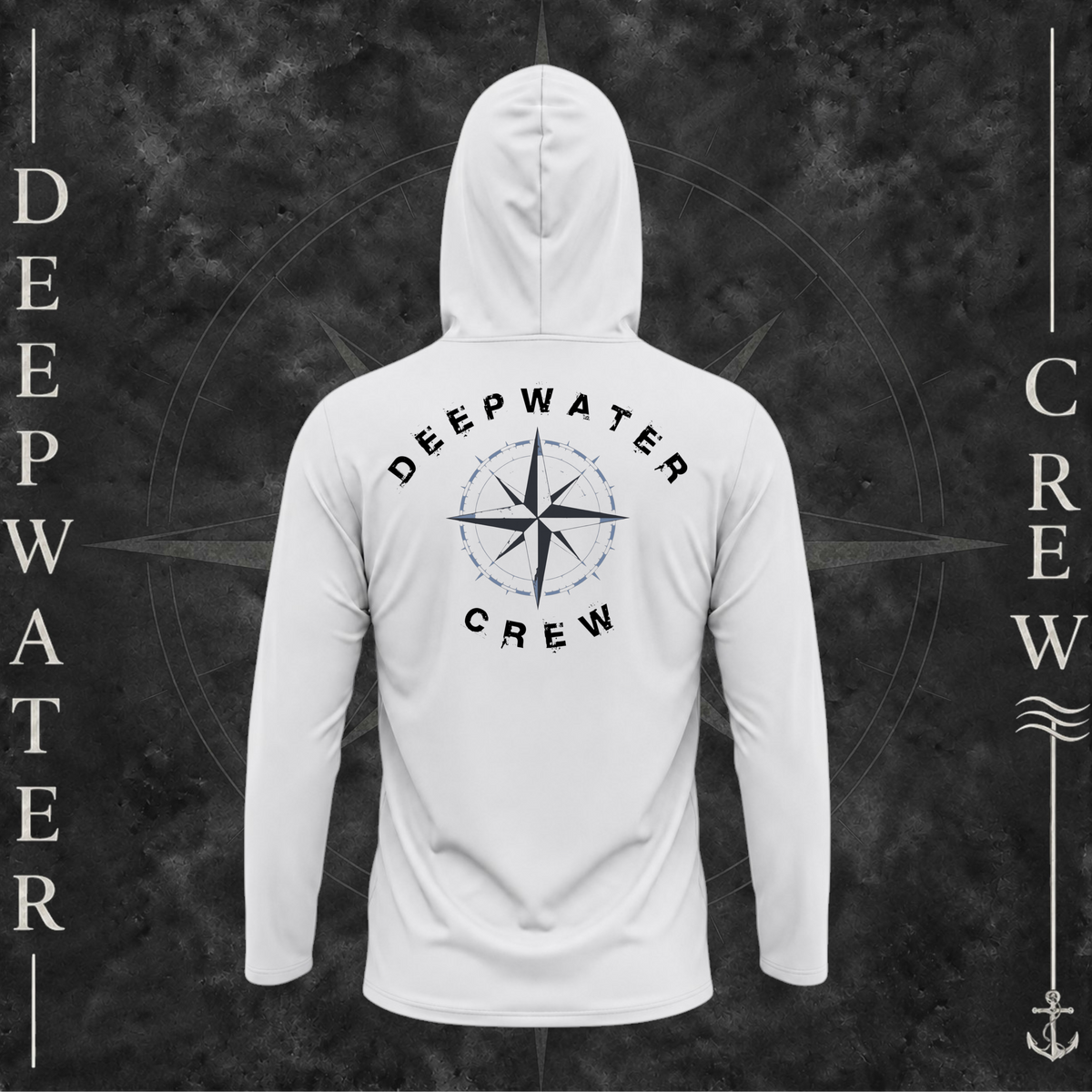 Aluminum Deepwater Crew Co. Deepwater Nomad UPF 50+ performance hoodie, back view with large distressed compass rose graphic and Deepwater Crew lettering.