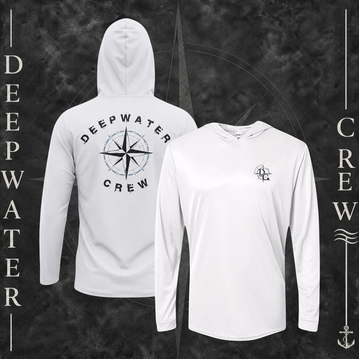 Aluminum Deepwater Crew Co. Deepwater Nomad UPF 50+ performance hoodie showing front and back views, with small DC compass crest logo and large distressed compass rose graphic with Deepwater Crew lettering.