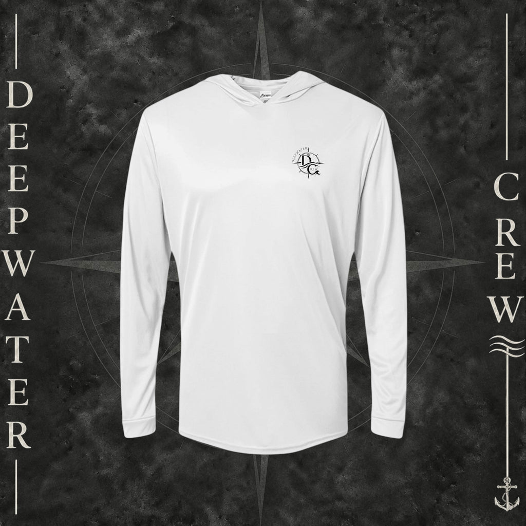 Aluminum Deepwater Crew Co. Deepwater Nomad UPF 50+ performance hoodie, front view with small DC compass crest chest logo.