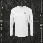 Aluminum Deepwater Crew Co. Deepwater Nomad UPF 50+ performance hoodie, front view with small DC compass crest chest logo.