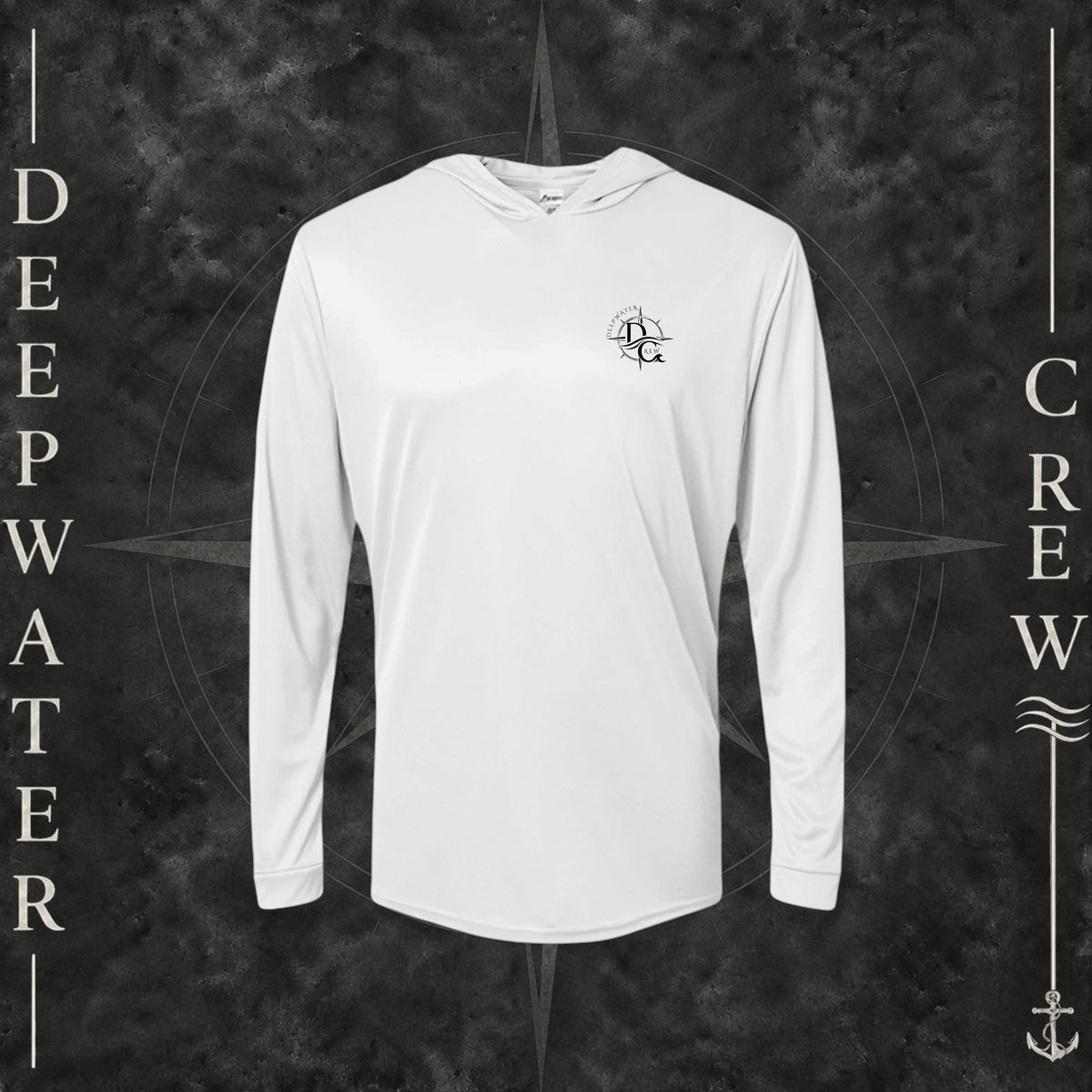 Aluminum Deepwater Crew Co. Deepwater Nomad UPF 50+ performance hoodie, front view with small DC compass crest chest logo.