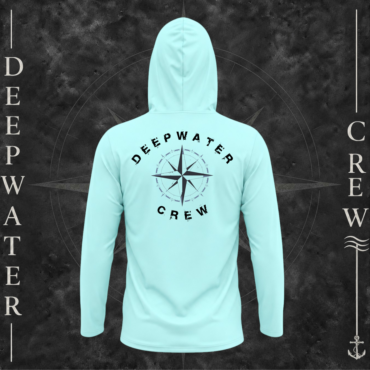 Aqua Blue Deepwater Crew Co. Deepwater Nomad UPF 50+ performance hoodie, back view with large distressed compass rose graphic and Deepwater Crew lettering.