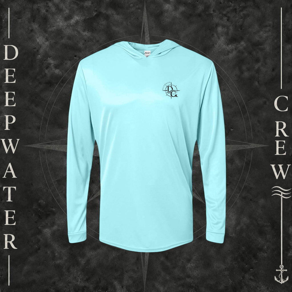 Aqua Blue Deepwater Crew Co. Deepwater Nomad UPF 50+ performance hoodie, front view with small DC compass crest chest logo.