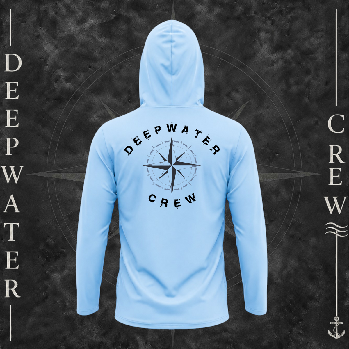 Blue Mist Deepwater Crew Co. Deepwater Nomad UPF 50+ performance hoodie, back view with large distressed compass rose graphic and Deepwater Crew lettering.