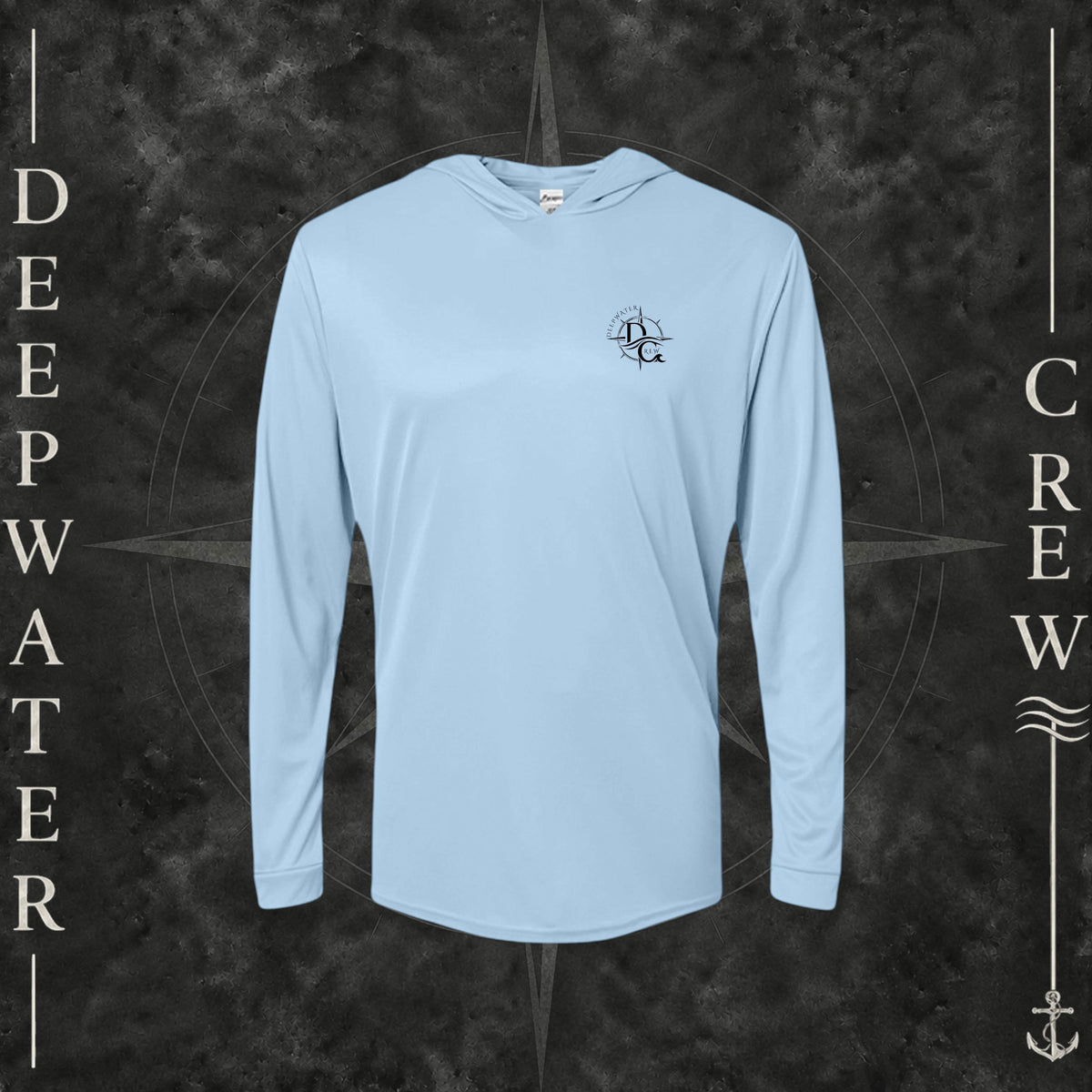 Blue Mist Deepwater Crew Co. Deepwater Nomad UPF 50+ performance hoodie, front view with small DC compass crest chest logo.
