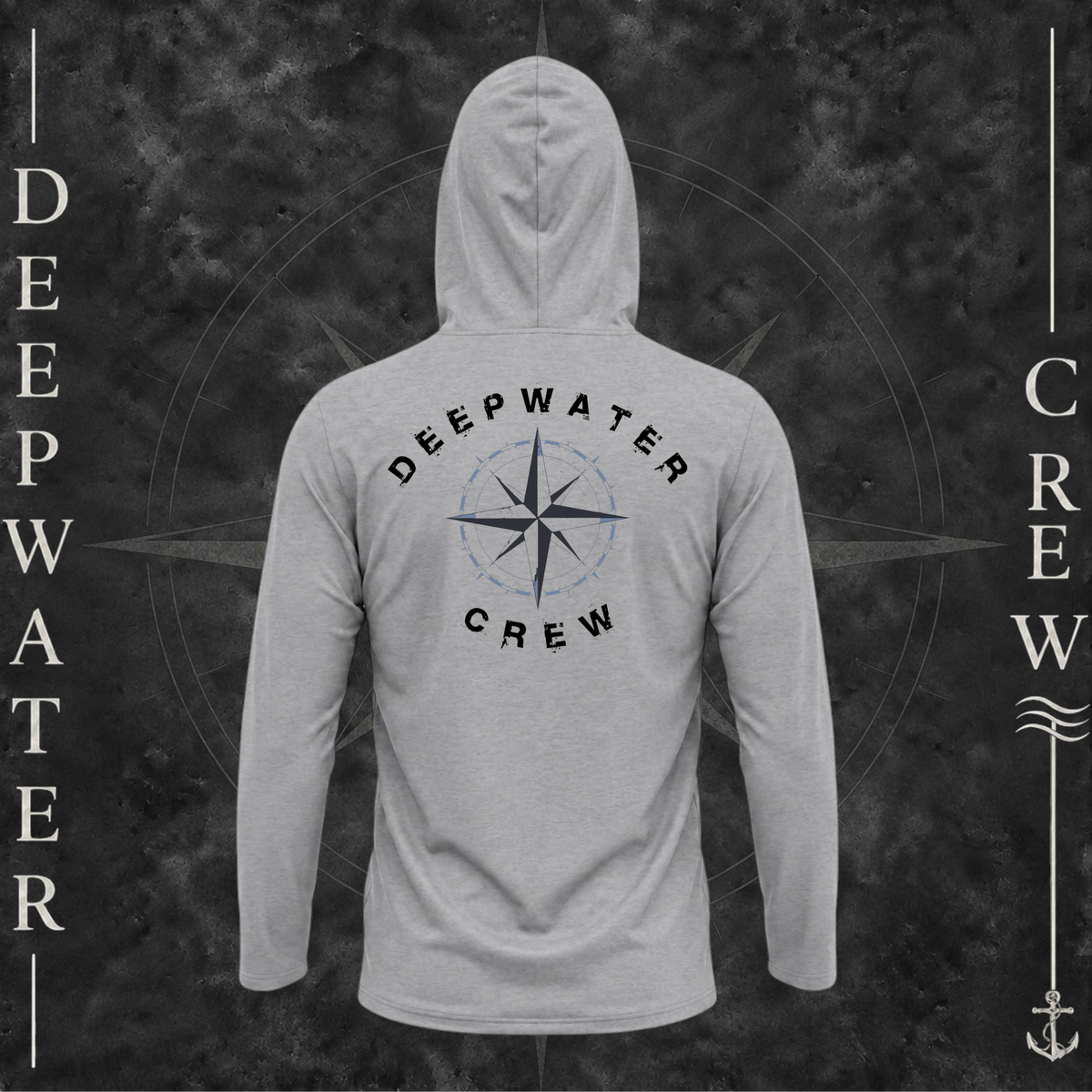 Heather Gray Deepwater Crew Co. Deepwater Nomad UPF 30 performance hoodie, back view with large distressed compass rose graphic and Deepwater Crew lettering.