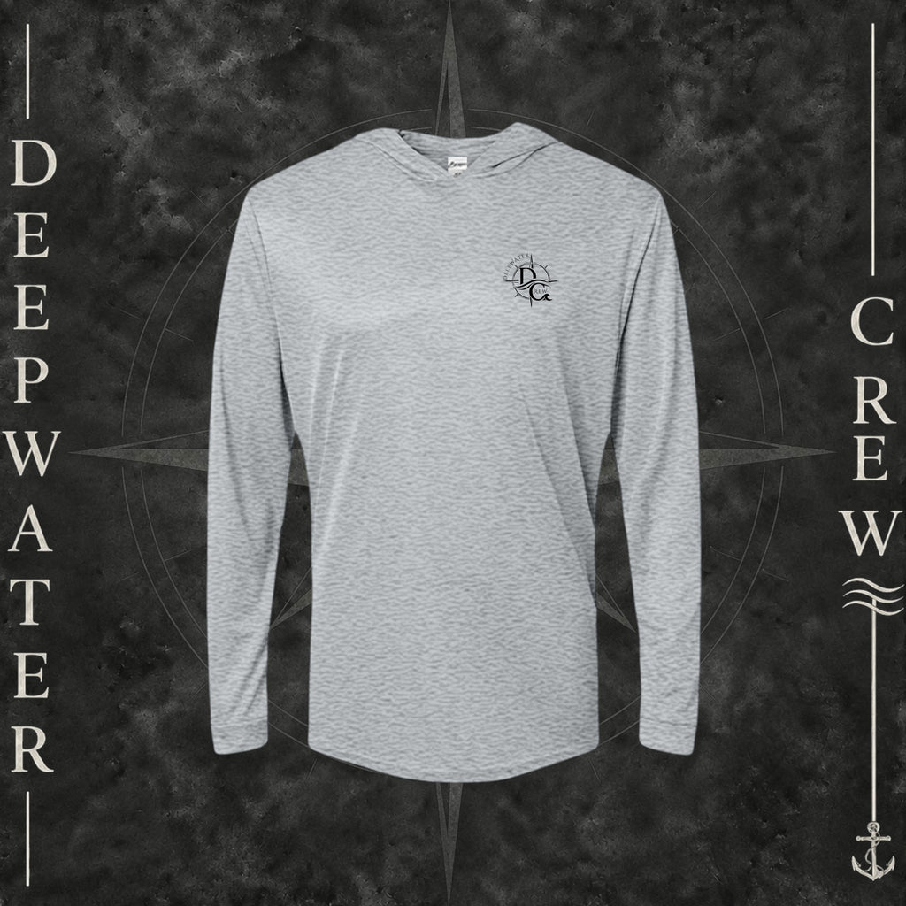 Heather Gray Deepwater Crew Co. Deepwater Nomad UPF 30 performance hoodie, front view with small DC compass crest chest logo.
