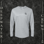 Heather Gray Deepwater Crew Co. Deepwater Nomad UPF 30 performance hoodie, front view with small DC compass crest chest logo.